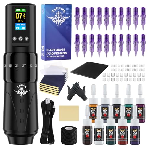 Tattoo Kit, Wireless Tattoo Gun Machine Kit, Complete Beginners Tattoo Supplies Set, 7 Strokes Length Tattoo Pen with Digital LED Display, 1,600mAh Battery, 20Pcs Cartridge Needles
