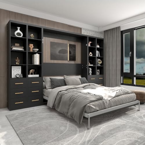 Image of KEIKI Queen Size Vertical Cabinet Murphy Bed with 4 Side Cabinet, Black | Multifunctional Foldable Hideaway Wall Metal Bed Frame, No Box Spring Needed, Easy Assembly, for Bedroom, Guest room