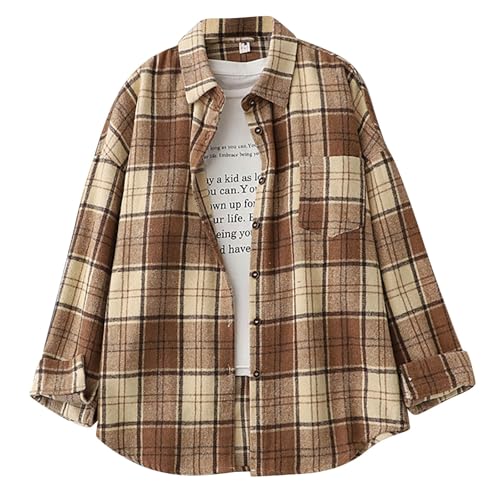 Camisas elegantes a cuadros de manga larga para mujer, camisa de lana a cuadros para mujer, estilo vintage, para exteriores, con una camiseta a cuadros, ropa blanca para mujer, café, L