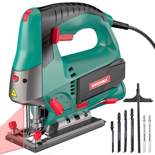 HYCHIKA 800W Jigsaw with Laser Guide - Corded Electric Jig Saw Kit 6 Variable Speed 800-3000SPM Max 110mm Cutting Depth in Wood 45 Bevel Cut 6 Blades for Wood Metal Plastic DIY