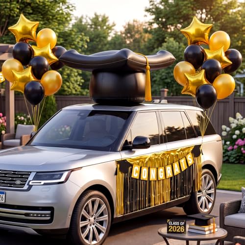 LaRandom 49 Pack Graduation Car Decoration Kit 24 Inches Large Inflatable Black Gold Graduate Hat with Tassel Congrats Fringe Garland Latex Balloon for Car Class of 2026 Graduation Party Decoration