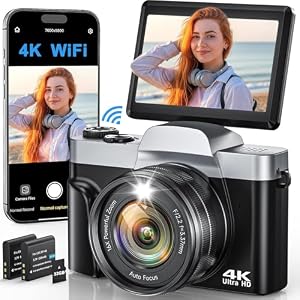 4K Digital Camera for Photography, WiFi 64MP Autofocus Vlogging Camera for YouTube, 3″ 180° Flip Screen, 16X Zoom Antishake Compact Point and Shoot Travel Cameras with 32GB SD Card, 2 Batteries, Black