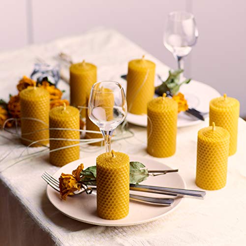 Gold Beeswax Candle Gift Set. 3 Colored Beeswax Pillar Candles With Natural Honey Scent And Hand Made Honeycomb Charm For Gift And Home Decor (Yellow Candles, 3 Pcs, Size 3.3 X 1.8 In) Made In Ukraine #TOP5