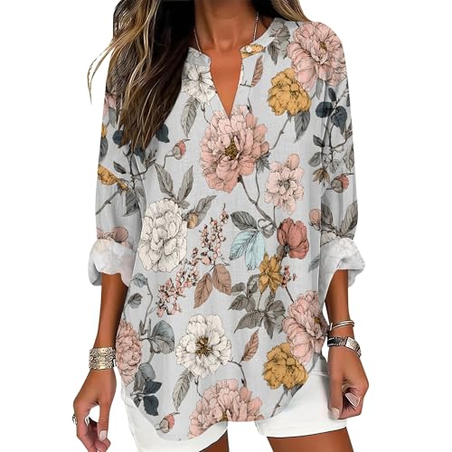 Plus Size Boho Tops for Women Roll Up Long Sleeve V Neck Loose Fit Blouses Casual Floral Print Soft Flowy Spring Tees