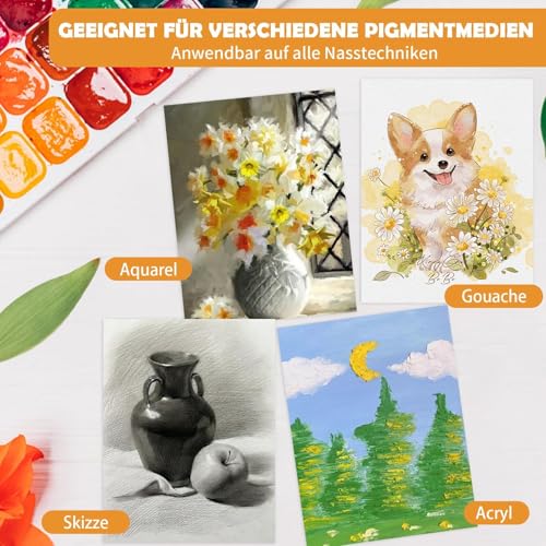 Koncci Aquarellpapier A4, 40 Blatt Aquarellblock, Kaltgepresst 300g/m² Weißes Aquarell Papier, Watercolor paper für Aquarellmalerei und Zeichnung, Geeignet für Studenten, Anfänger, Künstler