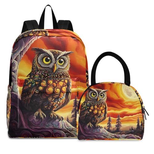 Backpack Lunch Bag Set Fantasy Owl Print, Big Storage Travel Backpacks with Insulated Lunch Box for Office Hiking Picnic
