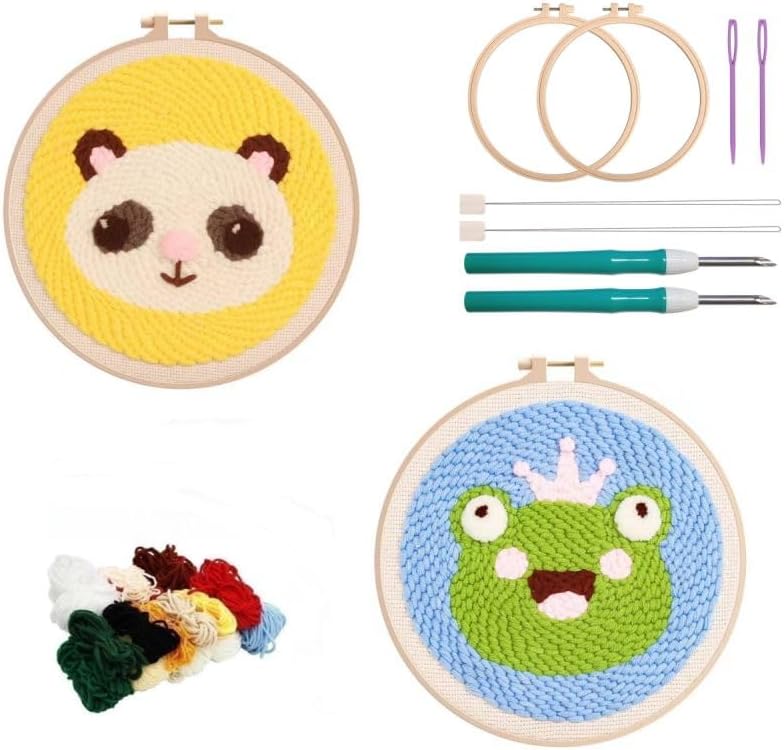 2 Pack Easy Punch Needle Embroidery Panda,Frog Starter Kits for Kids and Adults Beginners with Punch Needle Tool,Threader, Stamped Fabric Embroidery,Hoop,Pen, Punch Needle Kits