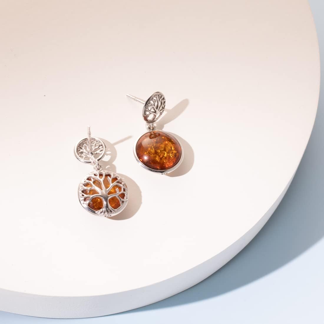 PEORA Genuine Baltic Amber Tree of Life Dangle Drop Earrings 925 Sterling Silver, Double Sided Design, Rich Cognac Color, Friction Backs, Real Baltic Amber Earrings for Adults, w/Jewelry Box