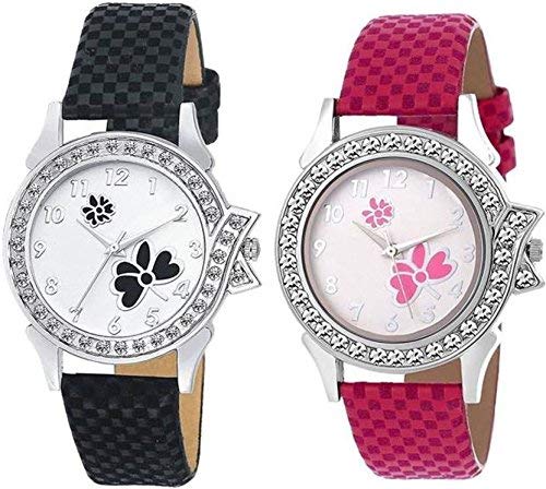 Your Choice Casual Analogue Flower Print Multicolur Dial Girl's & Women's Watch with Chex Design Leather Belt -32170flower (Pack of 2)