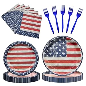 96 Pieces Patriotic Tableware Set Party Supplies – American Flag Pattern Disposable Dinnerware with Paper Plates, Napkins, Forks for Fourth of July, Memorial Day, Veterans Day BBQ Picnic Favors