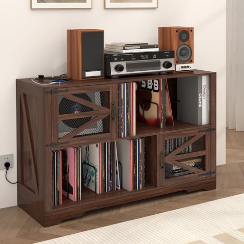 Large Record Player Stand with Charging Station, 47 Inch Farmhouse Vinyl Records Storage Cabinet with Holder, Holds Up to 500 Albums, Mid-Century Modern Turntable Stand for Living Room, Walnut