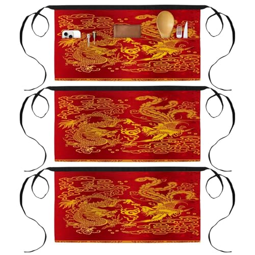 Lot de 3 tabliers courts de chef avec 3 poches pour cuisine, bistrot et nettoyage de maison