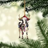 Talataca Milking Cow 2D Flat Christmas Ornament, Dairy Cattle Vacas Lecheras Christmas Hat Reindeer Pine Tree Decor, Hanging House Charm Eve Keepsake, Car Rear View Mirror Accessories, Xmas Gift