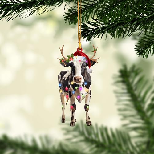 Talataca Milking Cow 2D Flat Christmas Ornament, Dairy Cattle Vacas Lecheras Christmas Hat Reindeer Pine Tree Decor, Hanging House Charm Eve Keepsake, Car Rear View Mirror Accessories, Xmas Gift