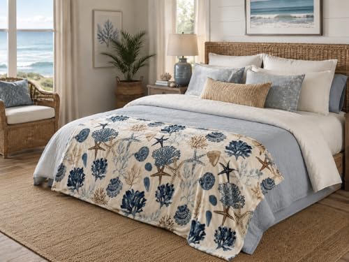 Ocean Coastal Shells Manta de Tirar, Azules Náuticos Beige sobre Blanco, 50x70 miniatura 5