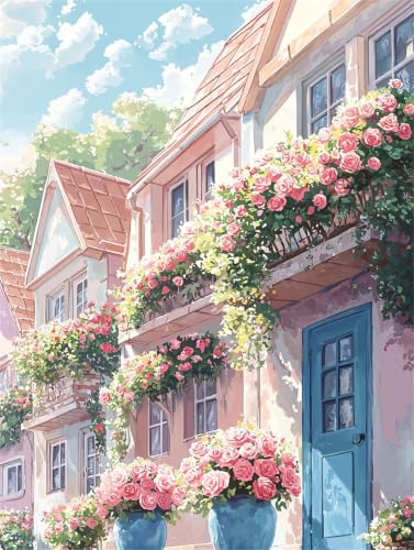 Peinture Numéro Adulte maison fleur avec kit acrylique sans châssis 45x60cm m5g-707