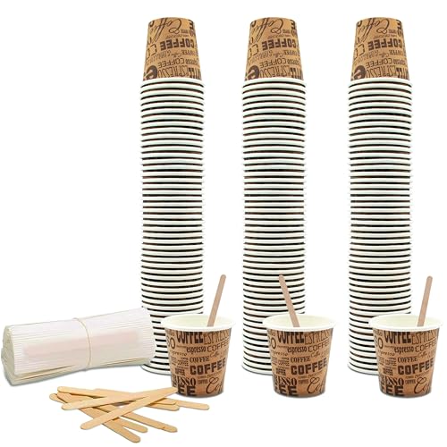 COFFISANO Juego de 150 vasos de café de 75 ml de papel marrones + 150 paletas de madera; vasos y paletas desechables reciclables, para restaurantes, oficinas, para llevar, bares, expreso