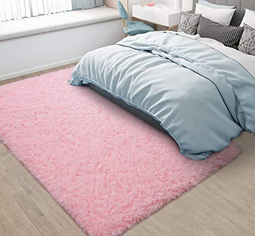 Image of A R Creations Anti Slip Fluffy Fur Plain Area Rug Made with Polyester and Microfiber for Home Office Kitchen Living Room Bedroom and DiningHall (5x7 Feet, Pink