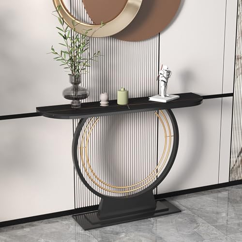 Moderna mesa de consola de losa de roca, mesa de entrada estrecha con marco de metal negro dorado para sala de estar, vestíbulo, pasillo, oficina (80 cm), elegante y ahorra espacio