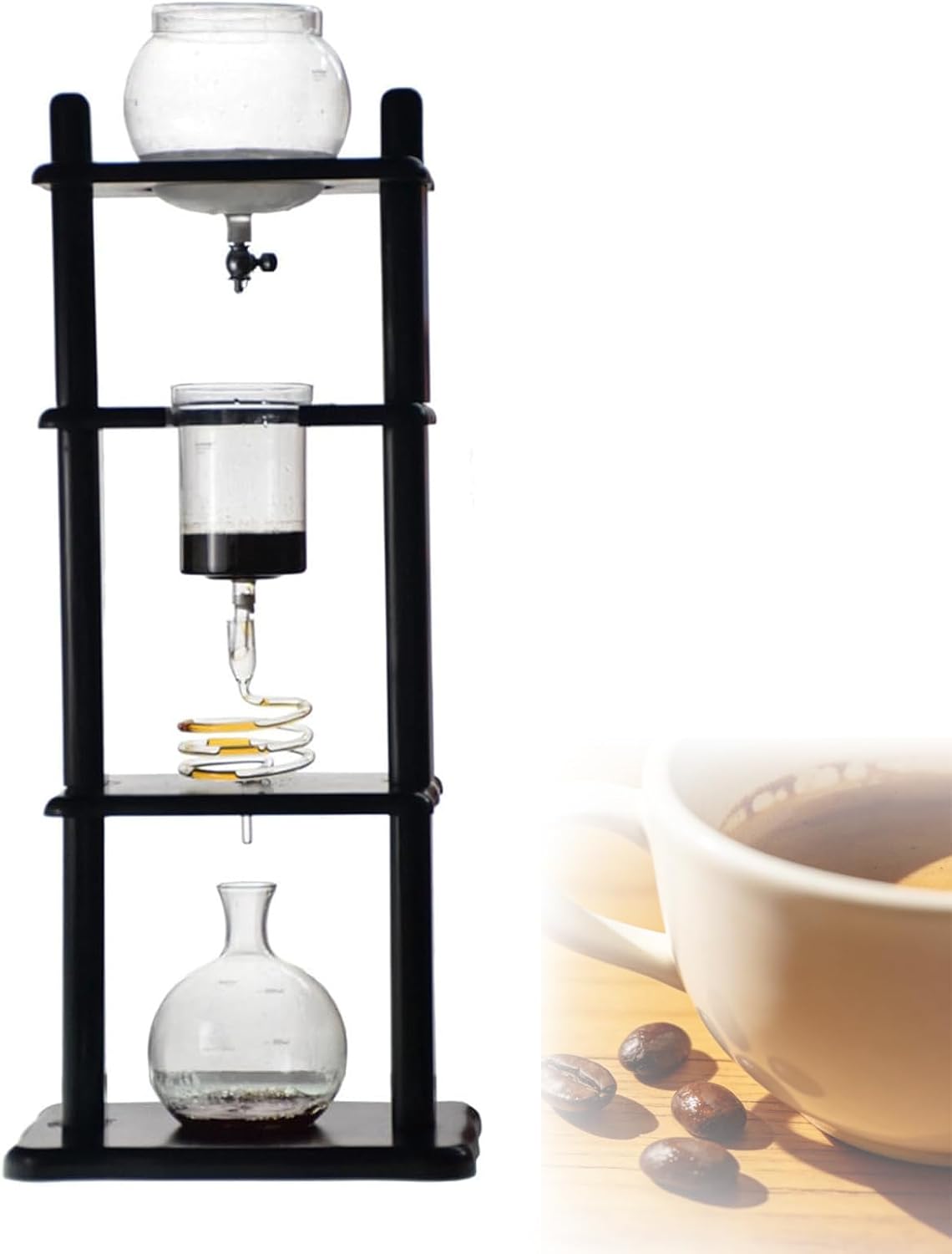 Cold Brew Drip Tower, Iced Coffee Make, Slow Drip Ice Coffee Machine, Makes 5-8 Cups, Large Capacity, Black Wood Straight Frame, for Commercial Offices and Home Use