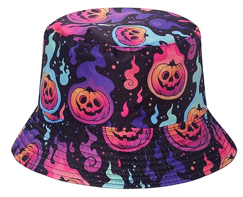 Joylife Skull Print Bucket Hat Funny Halloween Fishing Cap Pumpkin Reversible Packable Sun Hats for Women, Men, Colorful Pumpkin