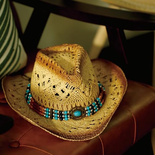 Image of YOUBADU Western Straw Cowboy and Cowgirl Hats with Decorative Bands - Unisex Wide Brim Raffia Style Sun Hat