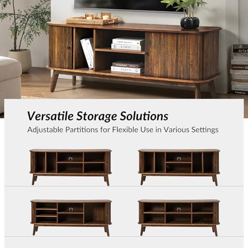 HULALA HOME Mid Century Modern TV Stand for 65" Television, Entertainment Center with Sliding Barn Doors and Solid Wood Legs, Wood Media TV Console Table for Living Room, Walnut - Thumbnail 4