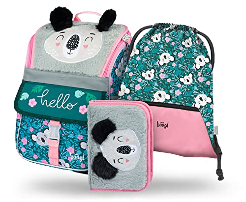 Baagl školska torba za djevojčice, set od 3 komada, školska torba za 1. razred, torba za osnovnu školu s remenom za prsa, ergonomski školski ruksak (Baby Koala)