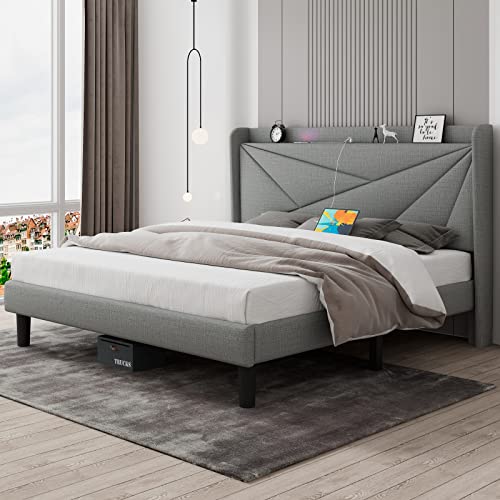 Feonase King Size Bed Frame With Type-C & Usb Ports, Upholstered Platform Bed Frame With Wingback Storage Headboard, Solid Wood Slats Support, No Box Spring Needed, Noise-Free, Light Gray #TOP2