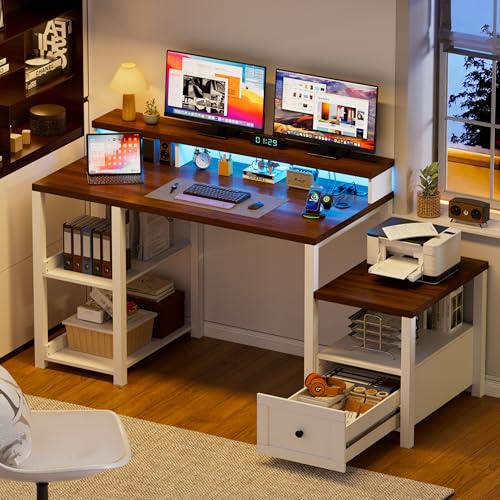 Escritorio para computadora con soporte largo para monitor, escritorios de oficina ergonómicos con cajón y tomas de corriente, mesa de madera para computadora con espacio para impresora, escritorio de