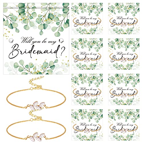 10 Sets Bridesmaid Gifts Leaf Bridesmaid Bracelets with Gifts Cards Tiny Zirconia Leaf Adjustable Bridal Crystal Bracelet for Women2