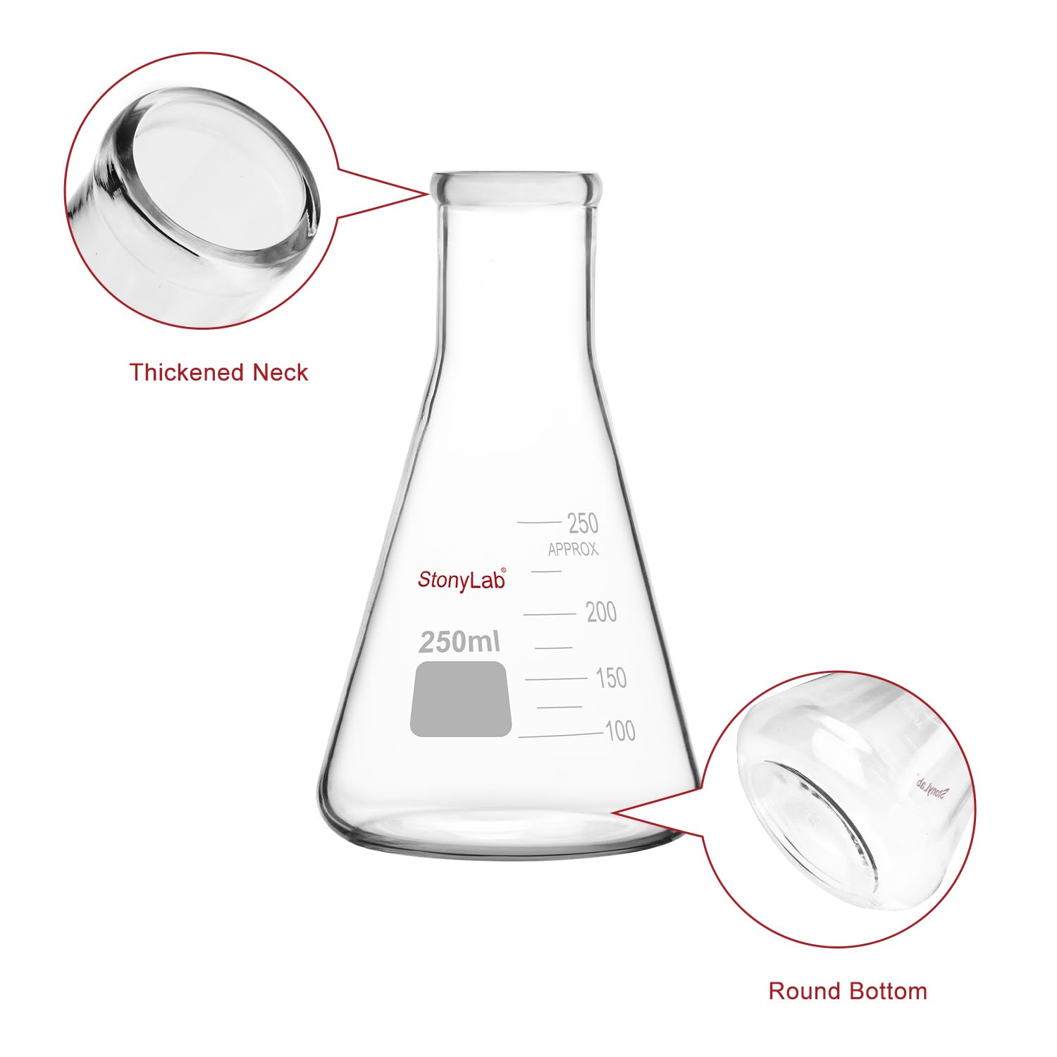 stonylab Fioles Erlenmeyer, Lot de 2 Fioles Erlenmeyer en Verre Borosilicaté à Col Étroit de 250 ml à Paroi Épaisse, Matériel de Laboratoire