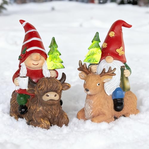 Gleemoria 2 Pcs Gnome Garden Decor Statue Highland Cow and Reindeer, Solar LED Lights Gnomes Garden Sculpture Decorations for Yard, Gnomes Gifts for Women