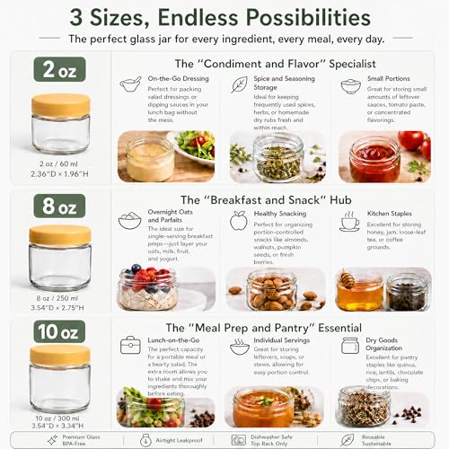 Image of EONJOE 2 oz Glass Dressing Containers With Lids, Sauce Jars for Lunch, 6pk | Airtight ,BPA Free,Perfect for salad dressing sauce dip condiment to go lunch box Accessories , Dishwansher safe
