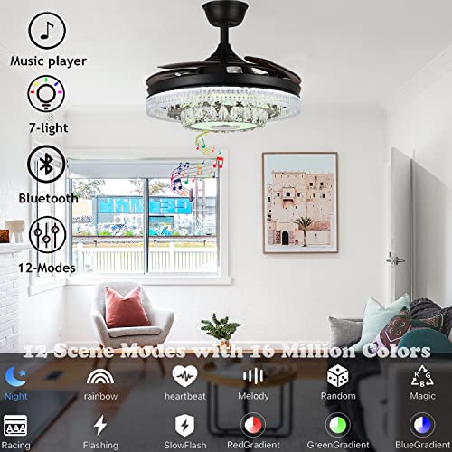 Fandian 42” Modern Smart Ceiling Fan With Lights Remote Control Fandelier, Black Reverse Retractable Crystal Chandelier With Bluetooth Speaker Dimmable Lighting For Indoor Decor #TOP2