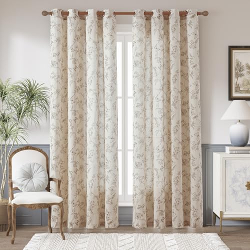 jinchan Floral Linen Curtains for Living Room 84 Inch Length Butterfly Curtain Taupe Floral Curtains French Country Farmhouse Curtain Flower Patterned Drapes Window Treatment Set 2 Panels