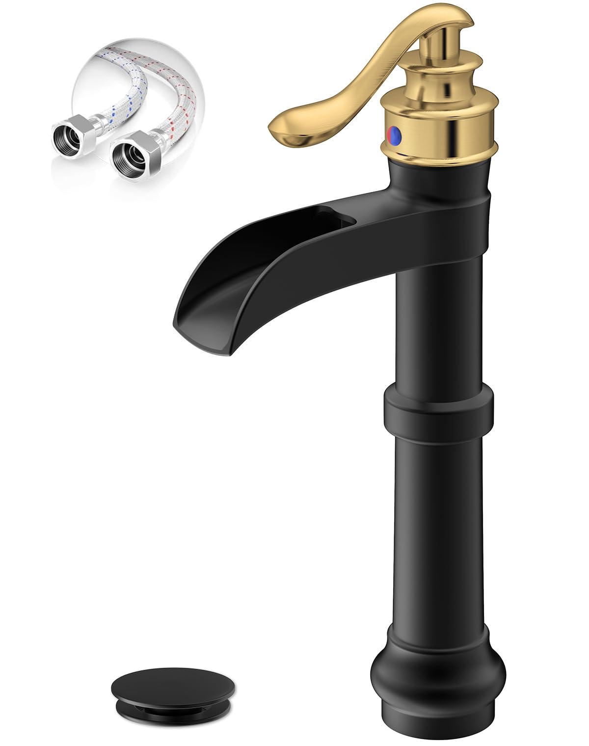 Nfusrxmbk Black And Gold Bathroom Faucet, Vessel Sink Faucet, Waterfall Bathroom Sink Faucets 1 Hole, Tall Single Handle Faucet Lavatory Vanity Bowl With Pop Up Drain Without Overflow