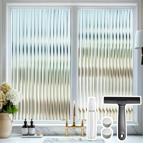 DARUITE Fensterfolie Blickdicht, Streifen Schilfglas-Effekt Sichtschutzfolie Fenster, Kein Kleber, Anti-UV Dekorfolie Fenster Folie für Zuhause und Büro, 30x100cm