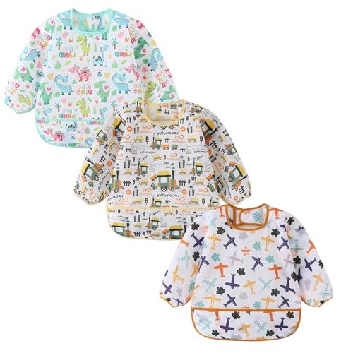 ElecMotive Long Sleeve Bibs 3 Pack Waterproof Sleeved Bib Baby Toddler Soft Bib for 6-30 Months