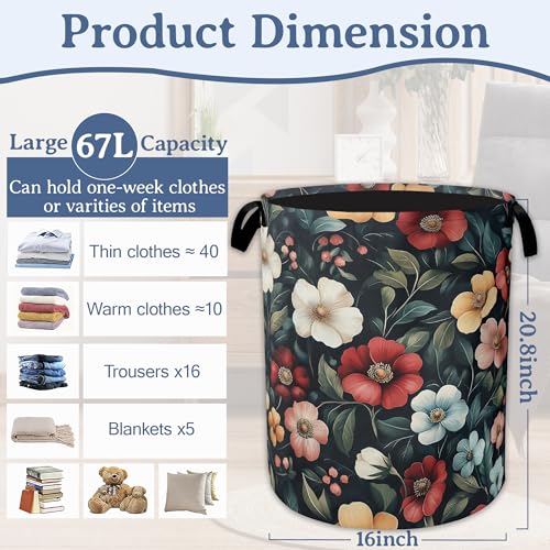Image of Floral Boho Laundry Basket,Foldable Oxford Cloth Pink Flower Vintage Laundry Hamper with Handles, 20.8 inchx16 inch Tote Bag Clothes Storage Bucket for Laundry Room /Bathroom /Bedroom /Dormitories