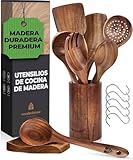 Utensilios de Cocina Madera 8 Pzs - Set de Espátulas y Cucharas de Madera, con Soporte, Reposacucharas y Ganchos. Antiarañazos. Accesorios Cocina con Agarre Cómodo para Sartenes Antiadherentes