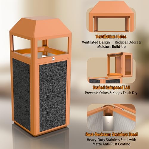 Image of Outdoor Trash Can with Lid, 51L /13.5 Gal-Lockable Commercial Trash Can with Nature Stone Panels, Heavy-Duty Rustproof Metal Garbage Can with Removable Liner for Parks & Public Spaces (Brown, ash)