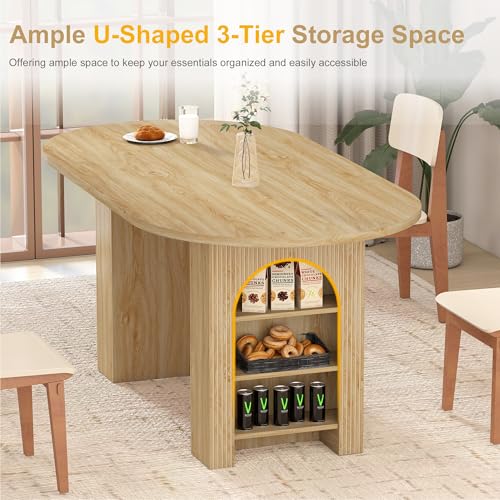 Image of weselon 70.8 inch Oval Dining Table with Dual Side Storage Shelves, Wooden Table for 4-6 People, Modern Farmhouse Round Dinner Tables for Kitchen Living Room (Natural, Table Only)