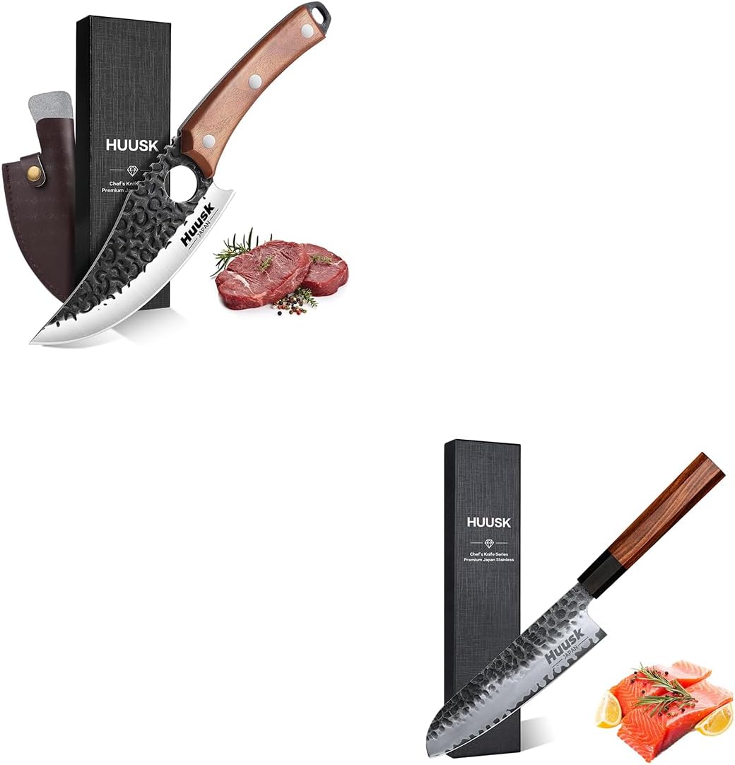 Huusk Professional Japanese Santoku Knife 7 Inch Bundle With High Carbon Steel Meat Cleaver Kitchen Knife with Gift Box