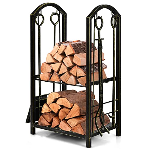 COSTWAY Firewood Log Rack with 4 Pcs Fireplace Tools, Wrought Iron Storage Logs Holder with Poker, Tong, Brush and Shovel, Indoor Outdoor Wood Storage Stacking Stand (Bronze)