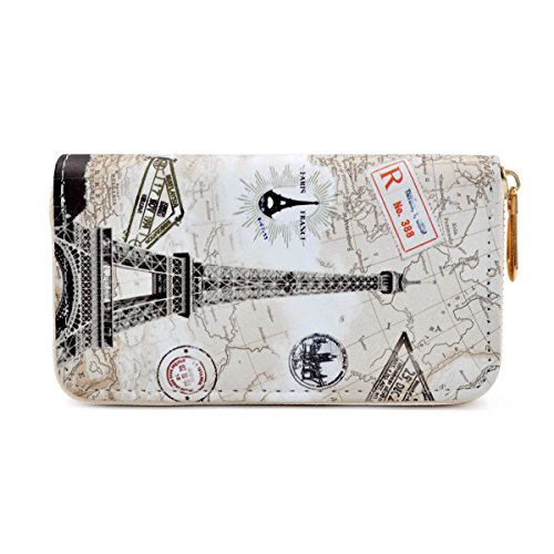 Premium Eiffel Tower & Map Print Pu Leather Small Continental Zip Around Wallet #TOP3