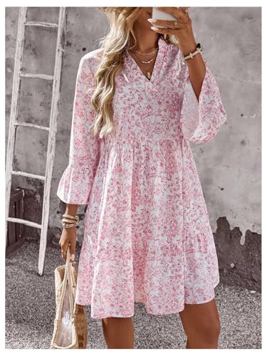 SOLY HUX Women's Summer Floral Smocked Dresses V Neck 3/4 Sleeve Flowy Boho Beach Short Dress2