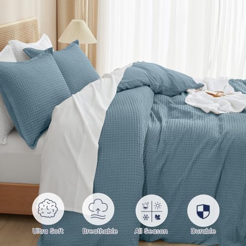 Image of PHF Waffle Duvet Cover Set Queen Size, No Snagging Ultra Soft Luxury Textured Breathable Comforter Cover for All Season 3pcs, Durable Bedding Duvet Set with 2 Pillow Shams, 90 inchx90 inch, Stormy Blue