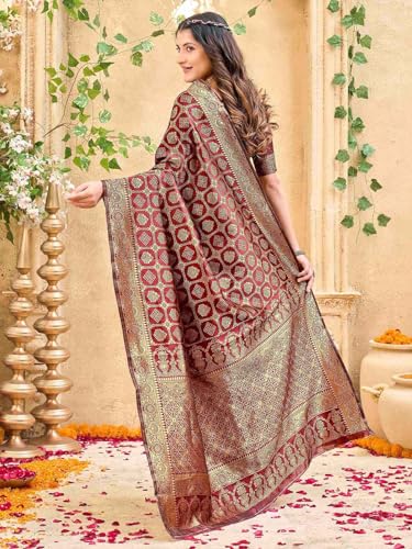 Image of Satrani Women's Silk Banarasi Weaving Saree with Unstitched Blouse Piece