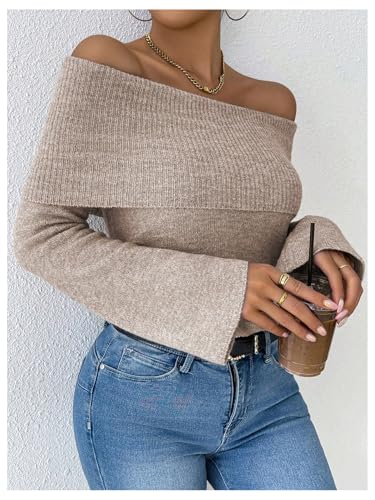 MakeMeChic Women's Off The Shoulder Sweater Bell Sleeve Rib Knitted Pullover Tops3